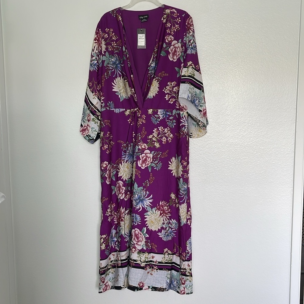City Chic Linda Floral Faux-Wrap Shift Purple In Seafoam Festival Dress Size 20 - Picture 3 of 6